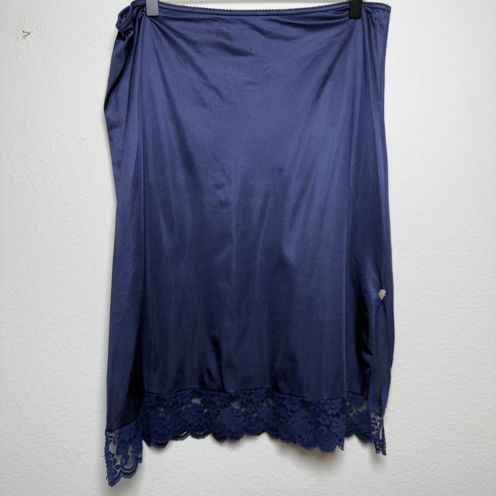 VTG 80s JCPenney Women Fairy Coquette Midi Skirt M Navy Blue Lace Side Slit Rose